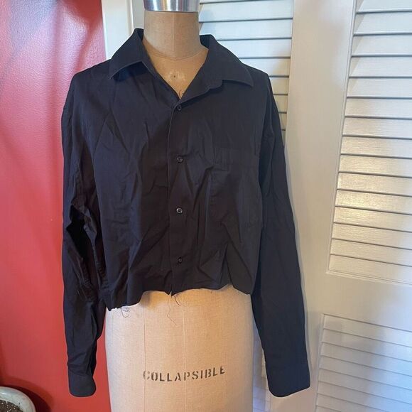 CHRISTIAN AUJARD PARIS | black cropped button down high low raw hem L - Picture 1 of 6